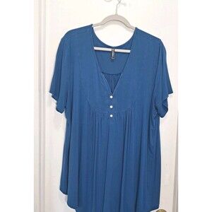 AlleGrace 3 Button Scoop-Neck Blouse Woman's Plus Size 2X Short Sleeve Blue